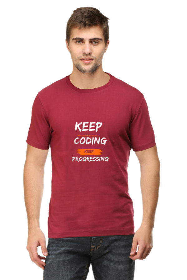 Round Neck Men’s 'Keep Coding, Keep Progressing' T-Shirt – Stay Motivated and Comfortable!