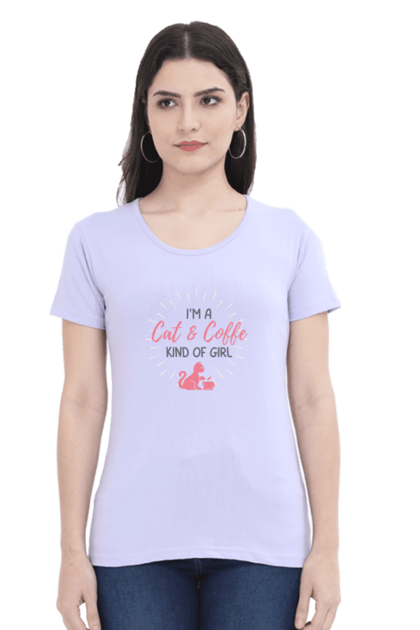 Round Neck Women’s “I'M A Cat & Coffee KIND OF GIRL” T-Shirt – Embrace Your Feline and Caffeine Love with Style!