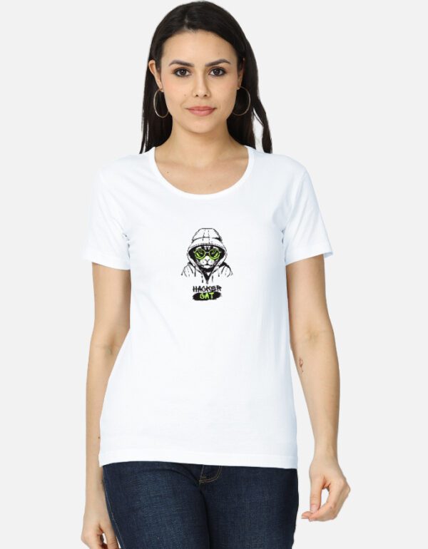 Round Neck Women’s ‘Hacker Cat’ T-Shirt – Cute, Geeky & Ultra-Comfy!