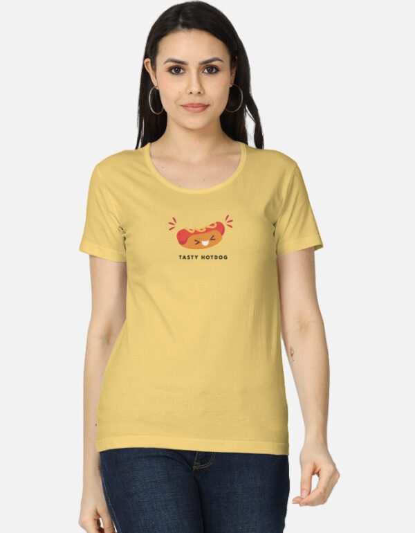 Round Neck Women’s “Tasty Hotdog” T-Shirt – Fun Style with Everyday Comfort!
